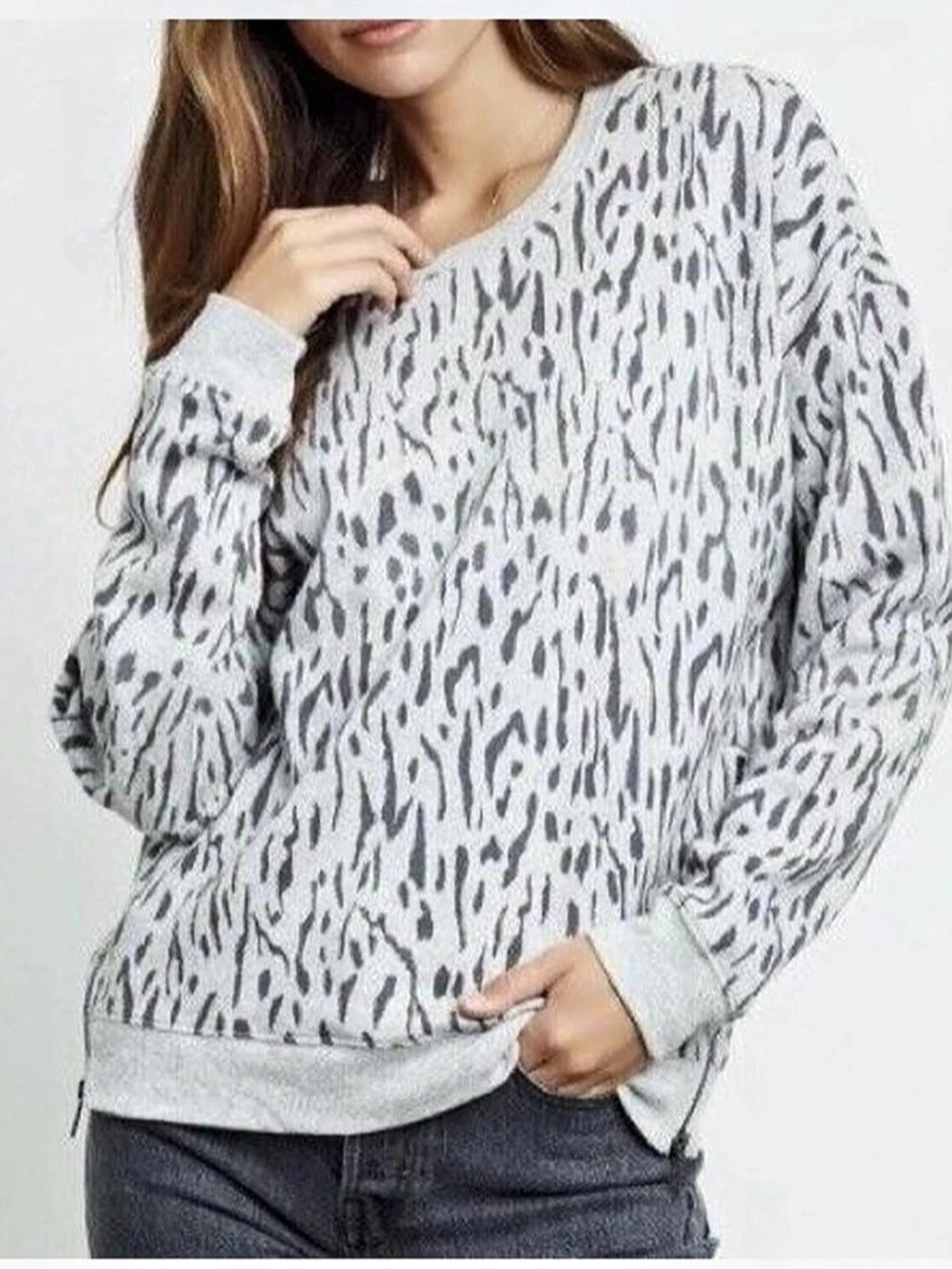Rails Marlo Gray Abstract Cheetah Sweatshirt Side Zip Detail